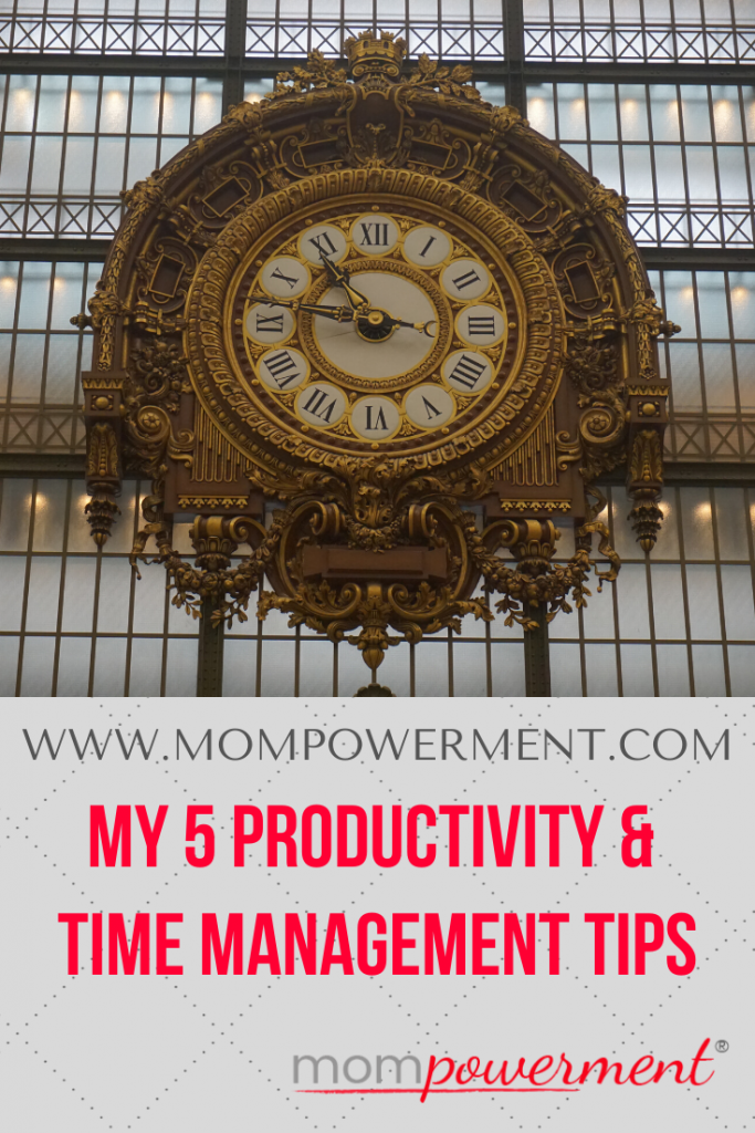Large old-fashioned train clock with My 5 Productivity & Time Management Tips Mompowerment