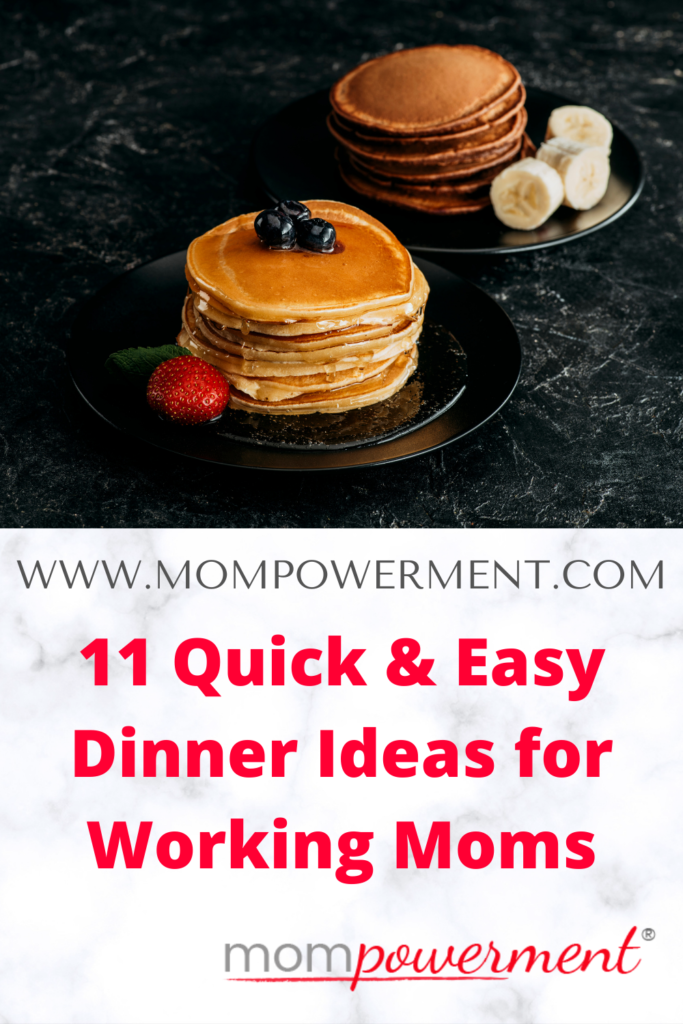 Plates with stacks of tasty pancakes with fruits on black table 11 Quick and Easy Dinner Ideas for Working Moms Mompowerment